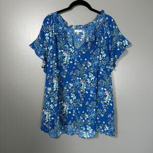 Max Studio Boho Fairy Blue Floral Peasant Blouse - Size 2X - Women's Plus Size